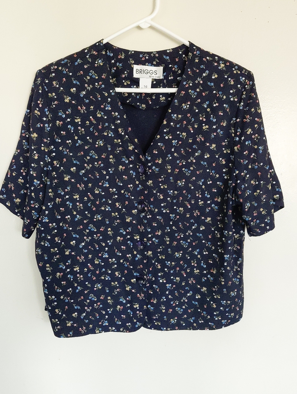 VTG Briggs Newyork Blue Floral Ditsy Shoulder Pad Button Up Blouse Top Size 16